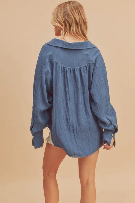 Aemi   Co Raw Hem Button Down Raglan Sleeve Shirt