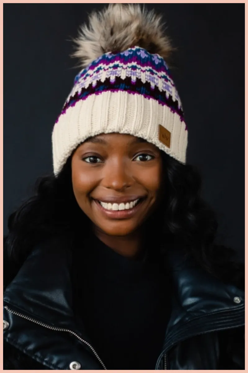 Beige   Purple Patterned Pom Beanie