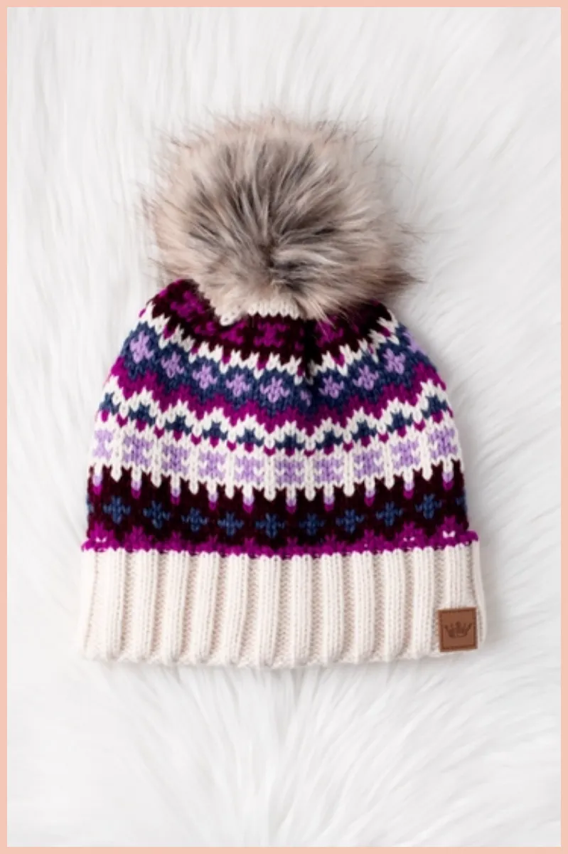 Beige   Purple Patterned Pom Beanie