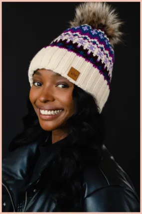 Beige   Purple Patterned Pom Beanie