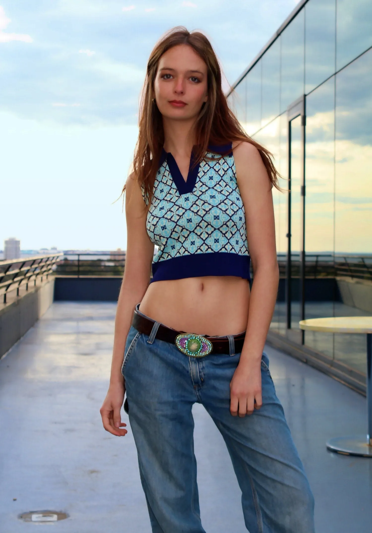 Blue Knitted Cropped Vest