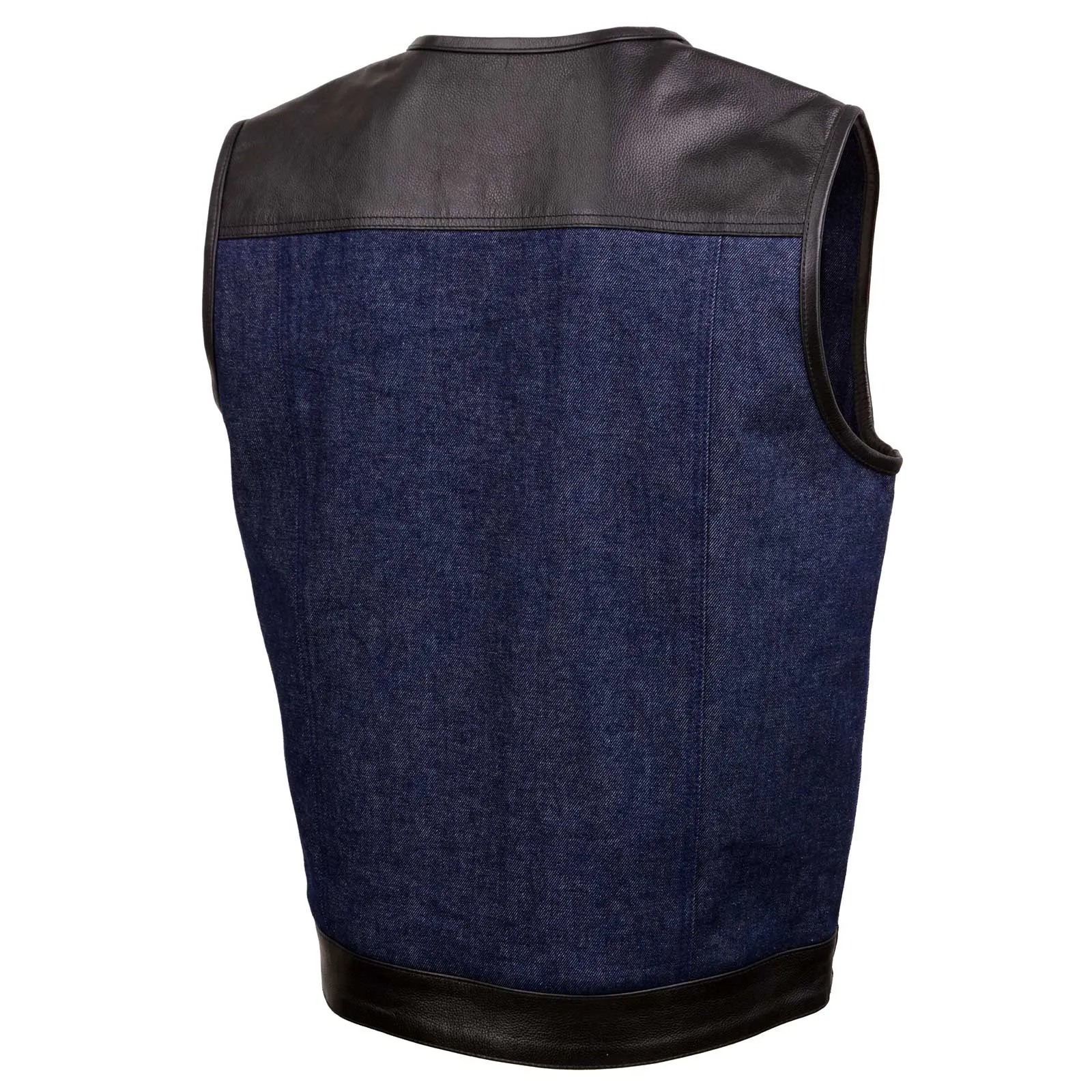 BLUE MDM3004 Men's 'Brute' Concealed Snap Blue Denim and Black Leather Club Style Vest w/ Hidden Zipper