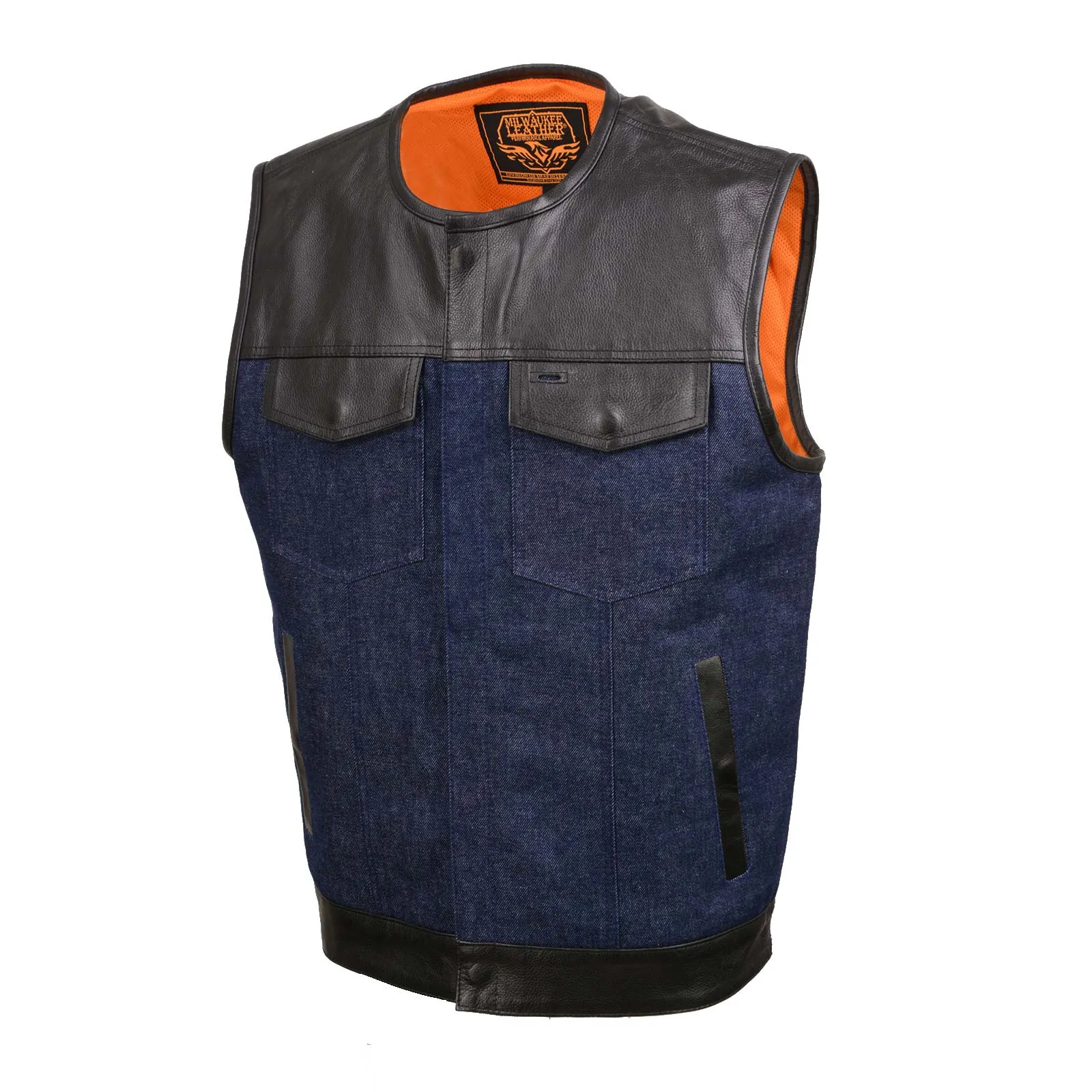BLUE MDM3004 Men's 'Brute' Concealed Snap Blue Denim and Black Leather Club Style Vest w/ Hidden Zipper