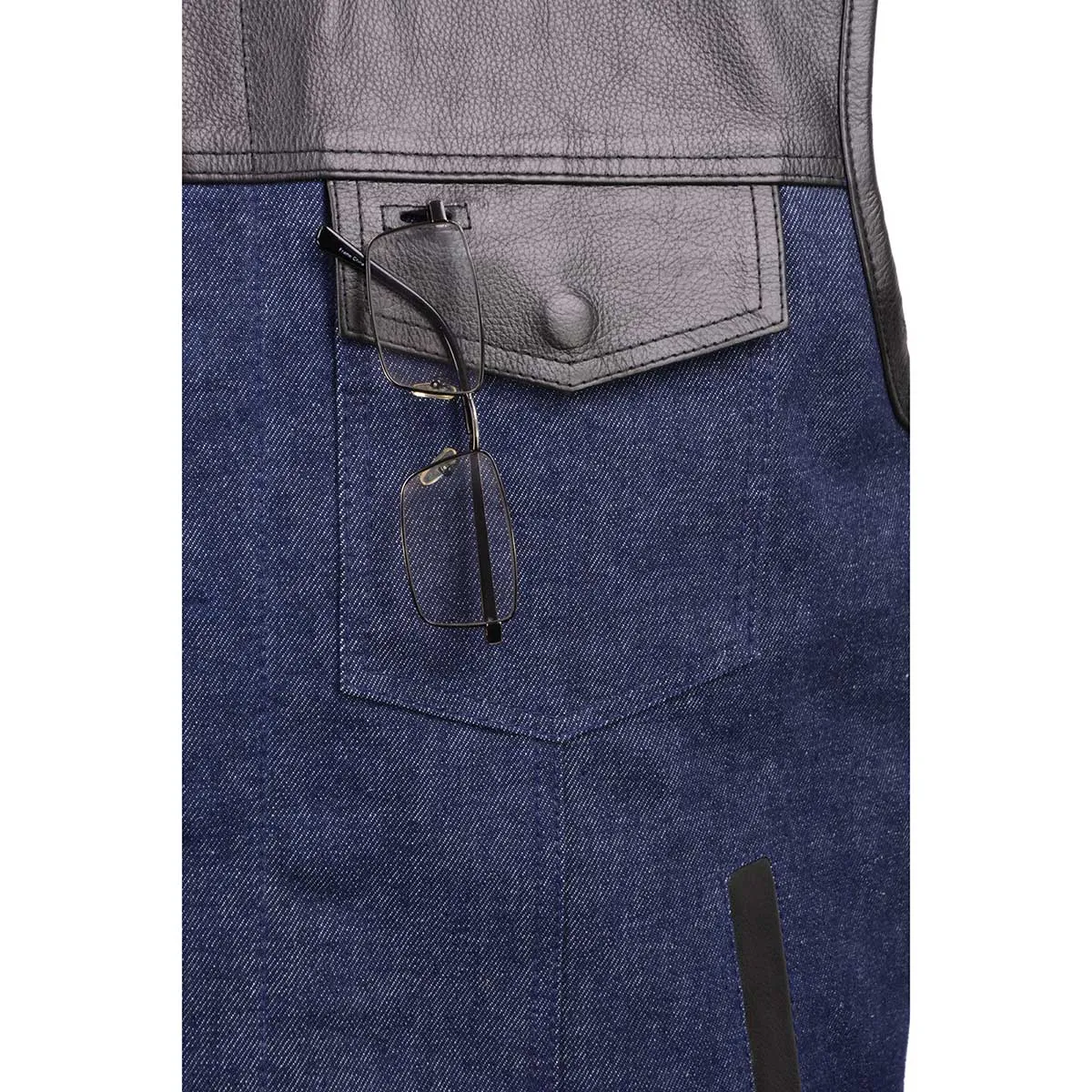 BLUE MDM3004 Men's 'Brute' Concealed Snap Blue Denim and Black Leather Club Style Vest w/ Hidden Zipper