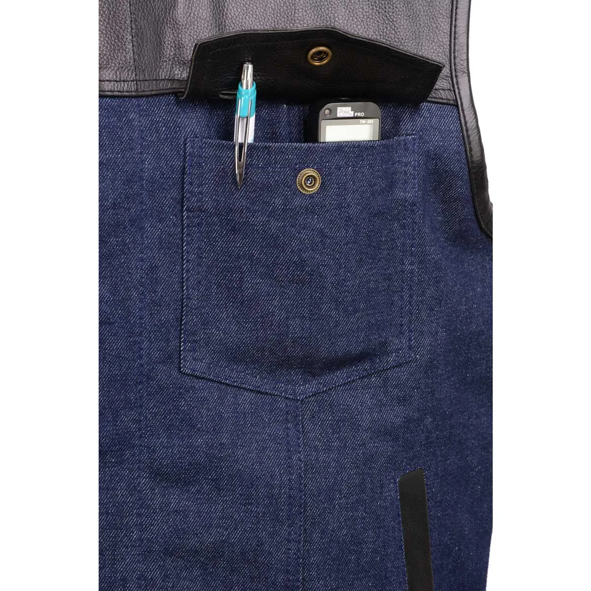 BLUE MDM3004 Men's 'Brute' Concealed Snap Blue Denim and Black Leather Club Style Vest w/ Hidden Zipper