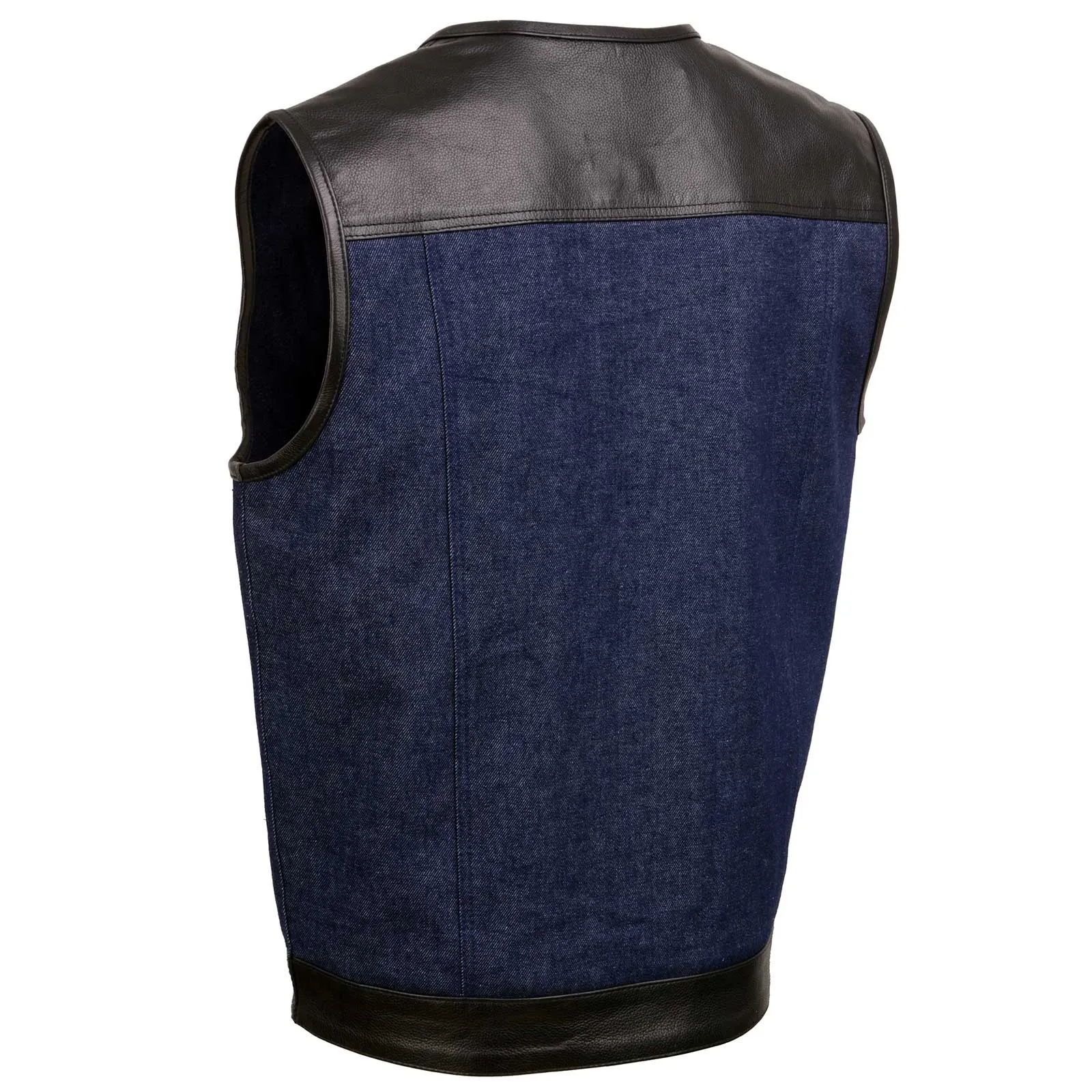 BLUE MDM3004 Men's 'Brute' Concealed Snap Blue Denim and Black Leather Club Style Vest w/ Hidden Zipper