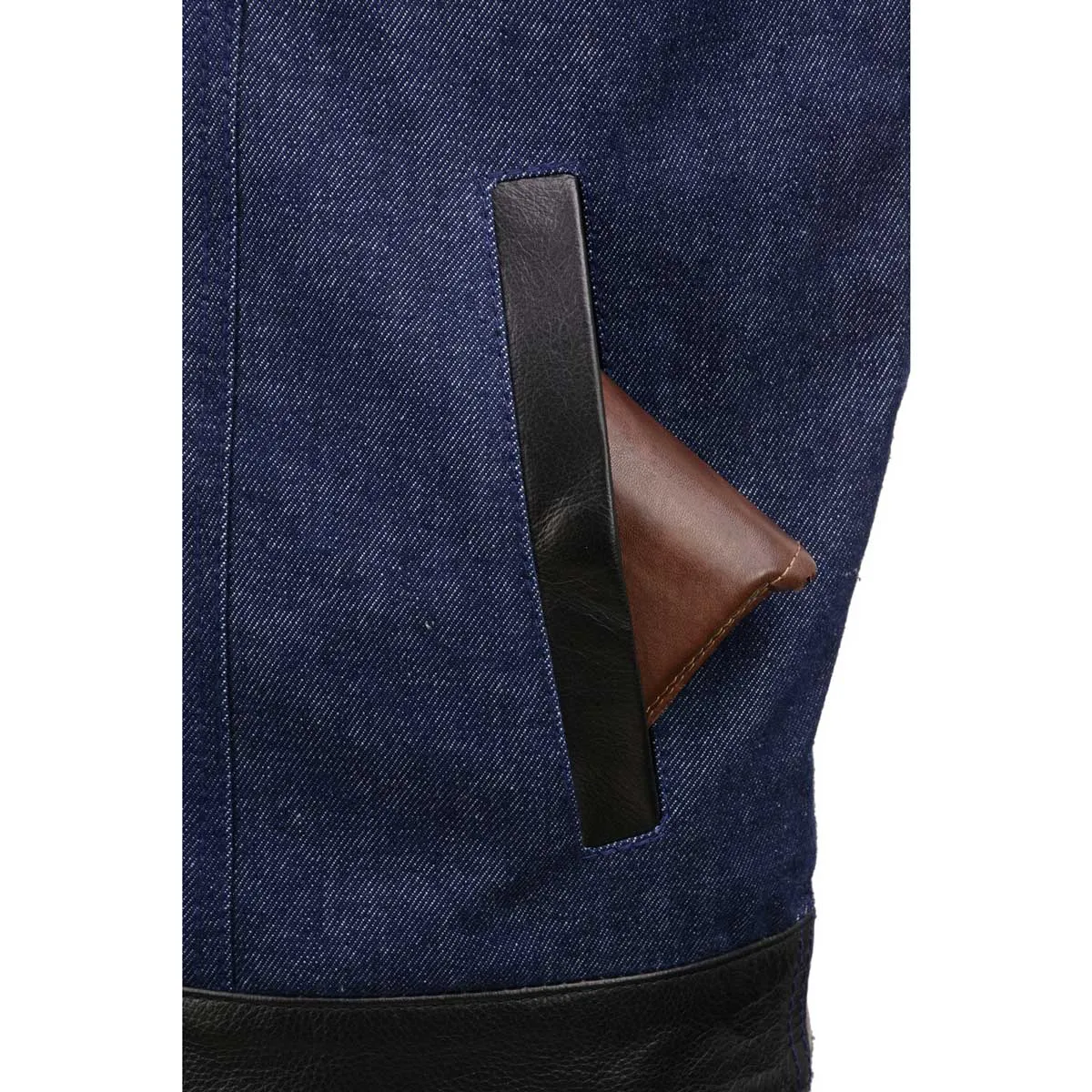 BLUE MDM3004 Men's 'Brute' Concealed Snap Blue Denim and Black Leather Club Style Vest w/ Hidden Zipper