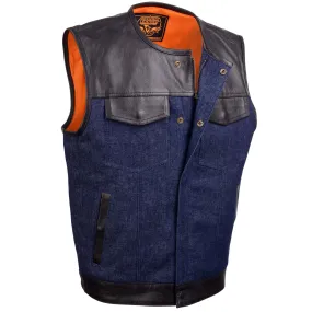 BLUE MDM3004 Men's 'Brute' Concealed Snap Blue Denim and Black Leather Club Style Vest w/ Hidden Zipper