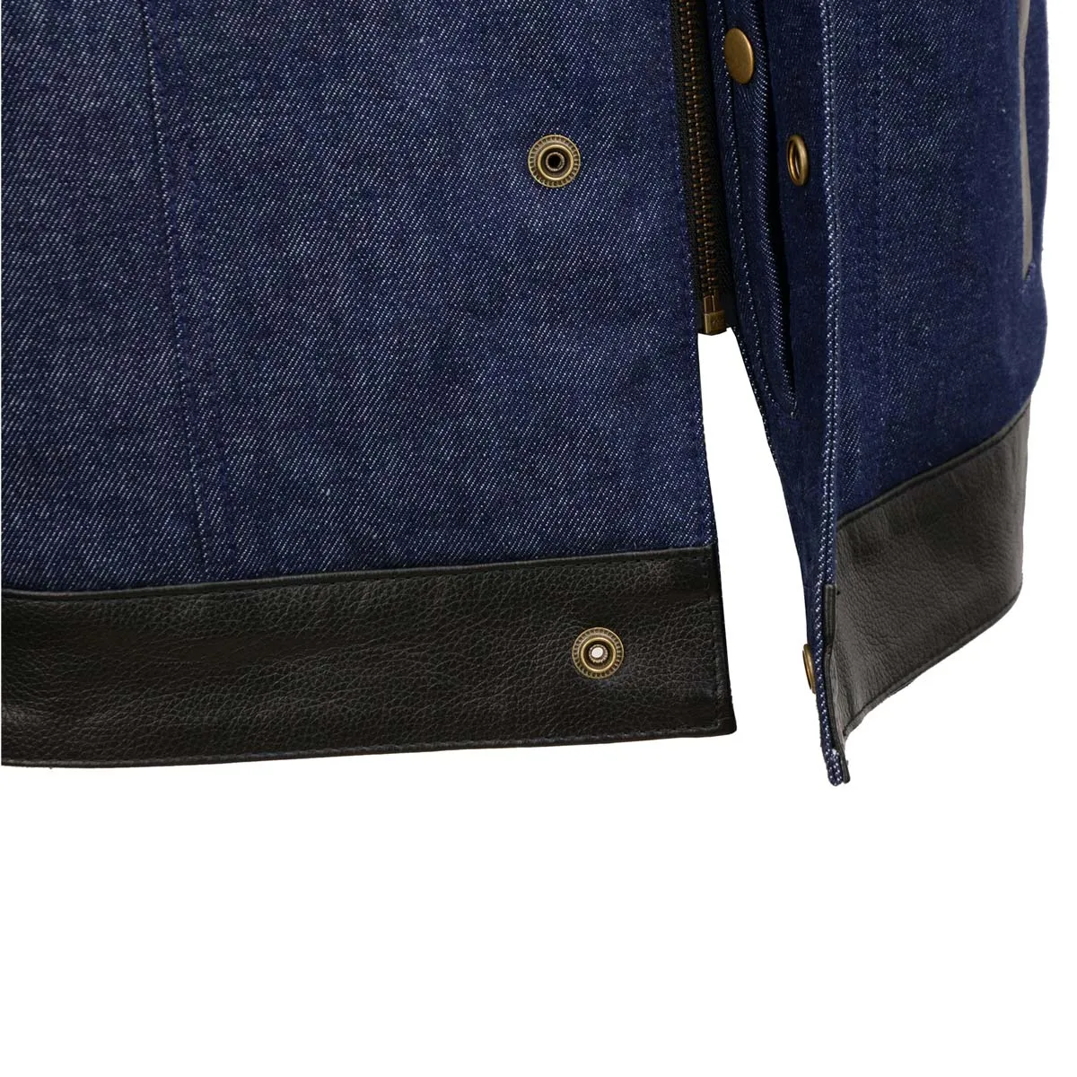 BLUE MDM3004 Men's 'Brute' Concealed Snap Blue Denim and Black Leather Club Style Vest w/ Hidden Zipper