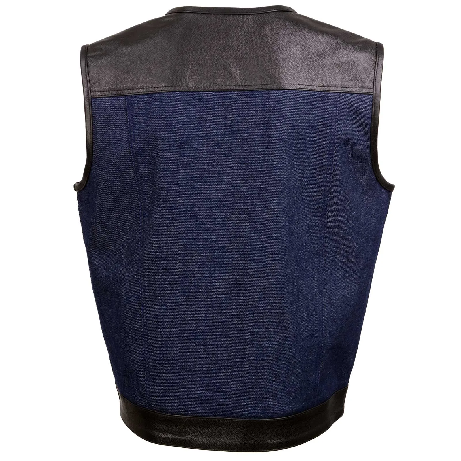 BLUE MDM3004 Men's 'Brute' Concealed Snap Blue Denim and Black Leather Club Style Vest w/ Hidden Zipper