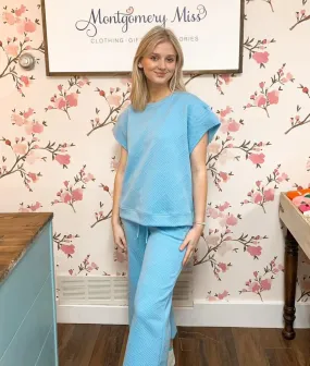 Blue Textured Short Sleeve Sweatshirt Top Regular and Curvy