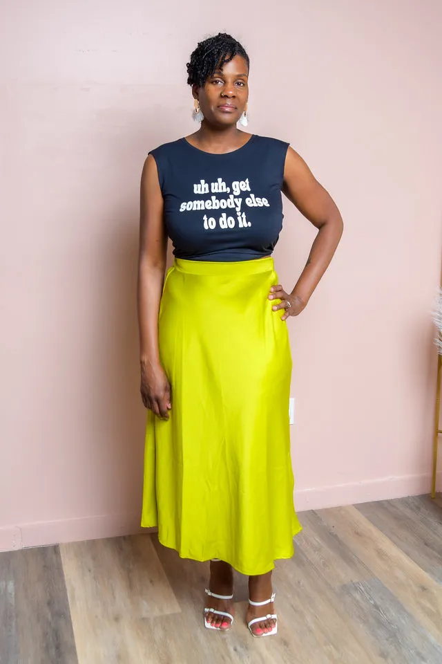 Chartreuse Satin A-Line Midi Skirt