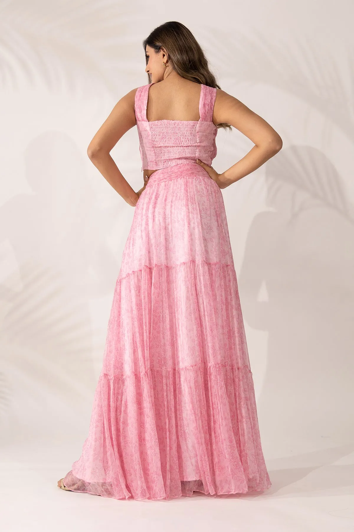 Cherry Blossom Hand Pleated Crop Top and Maxi Skirt Co-Ord