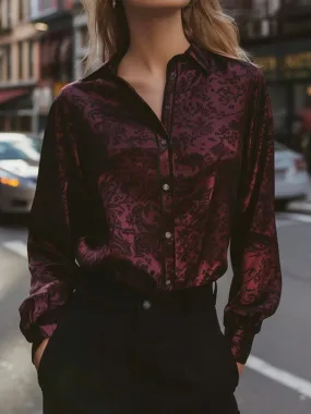Chic Burgundy Jacquard Button-Up Blouse