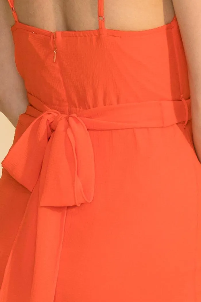 chiffon wrap front v neck sleeveless dress