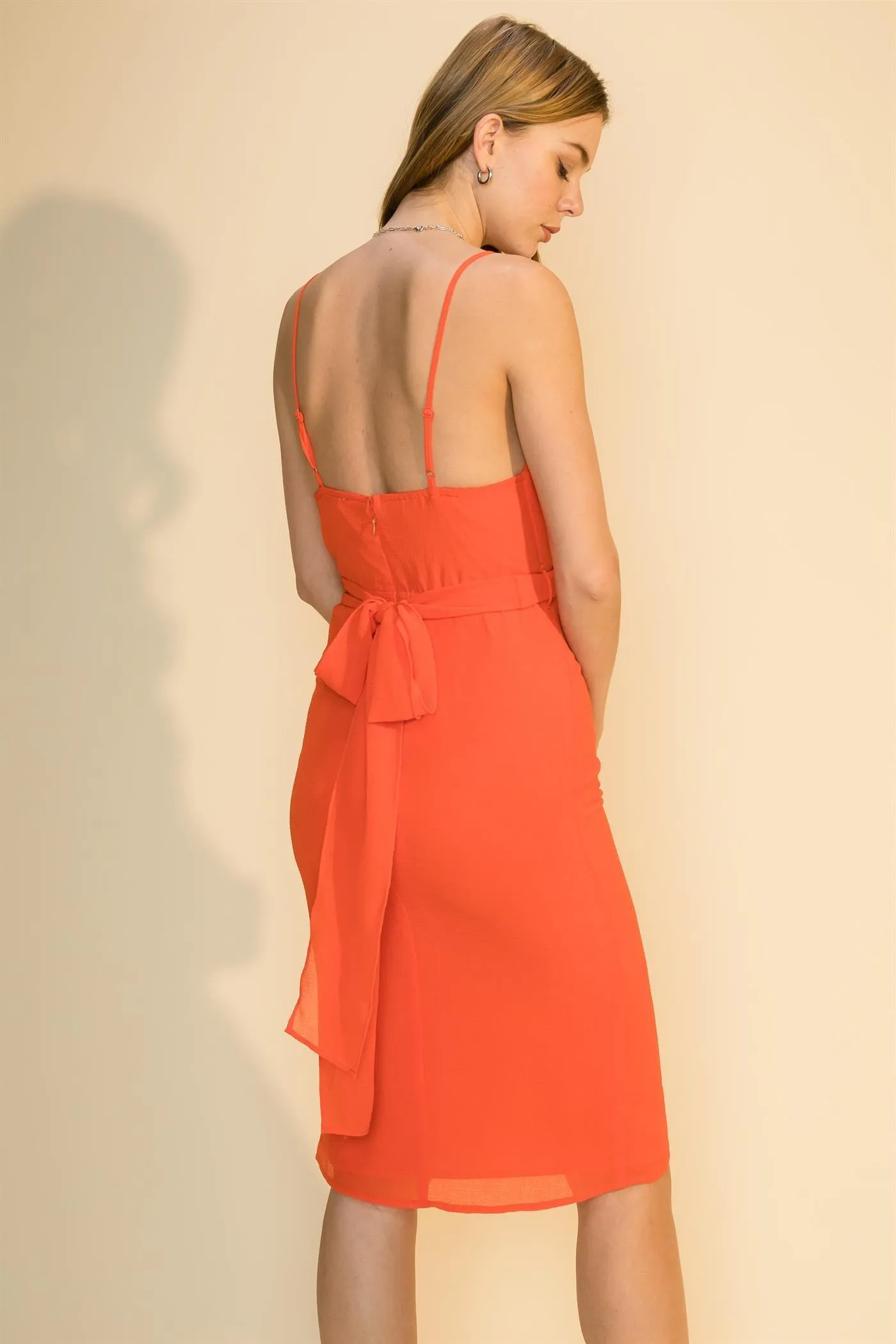 chiffon wrap front v neck sleeveless dress