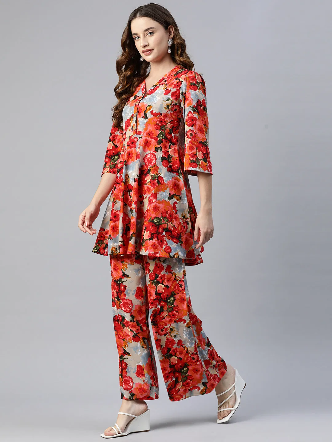 Cottinfab Women Floral Printed Top and Trousers Co-Ord