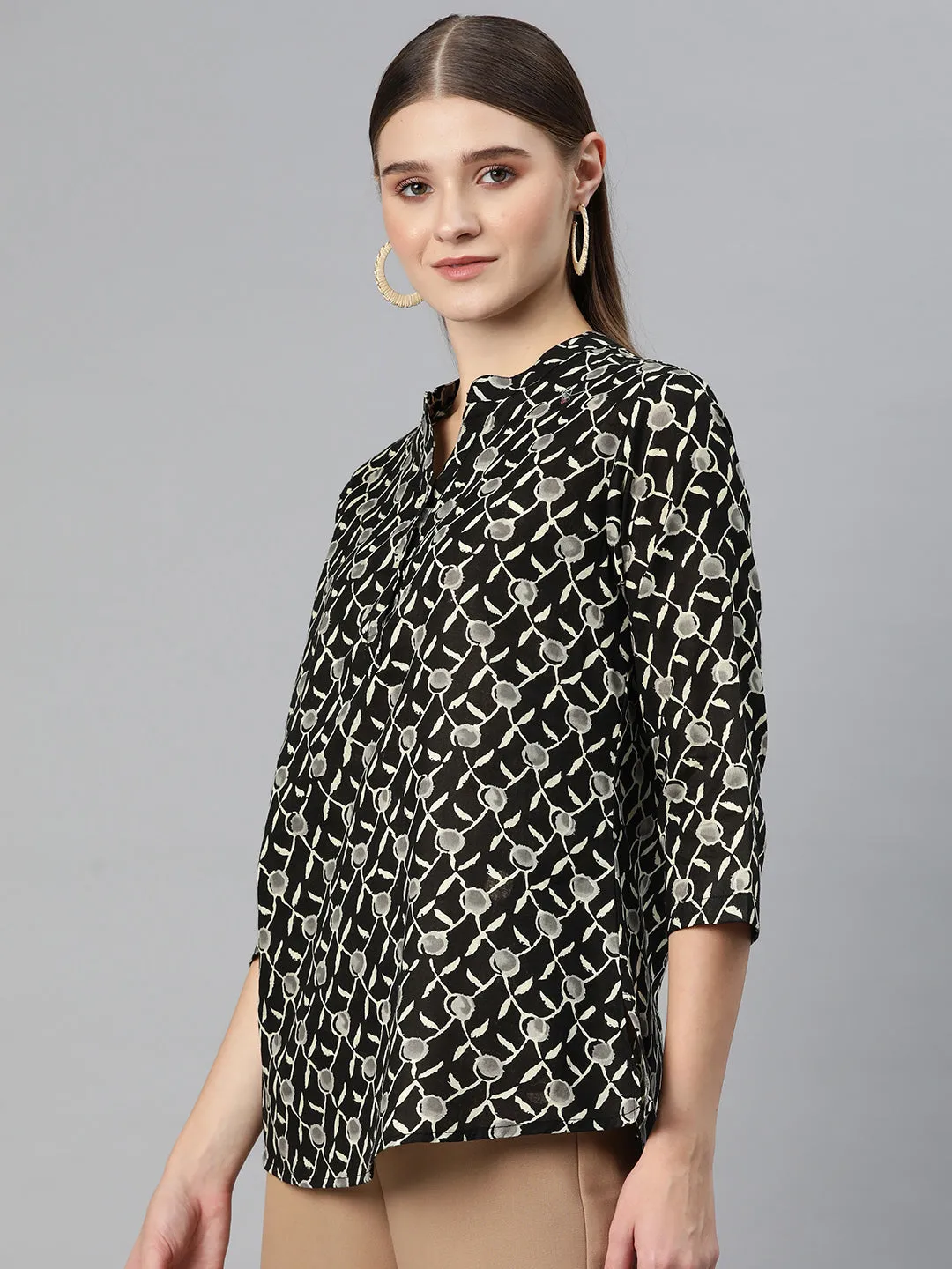 Cottinfab Women Print Mandarin Collar Cotton Shirt Style Longline Top