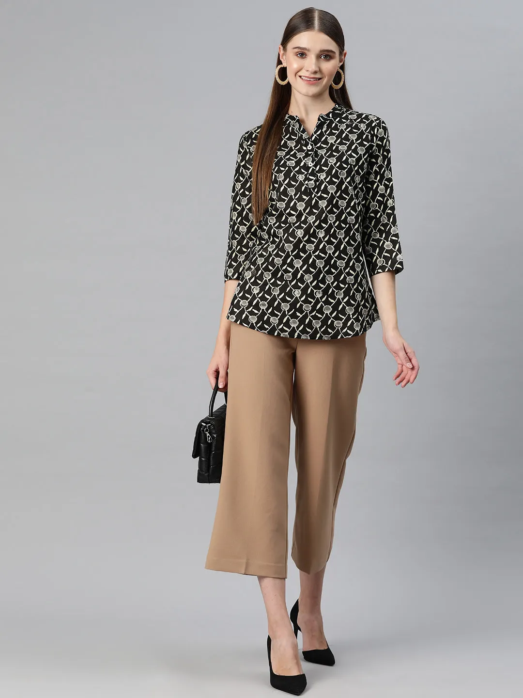 Cottinfab Women Print Mandarin Collar Cotton Shirt Style Longline Top