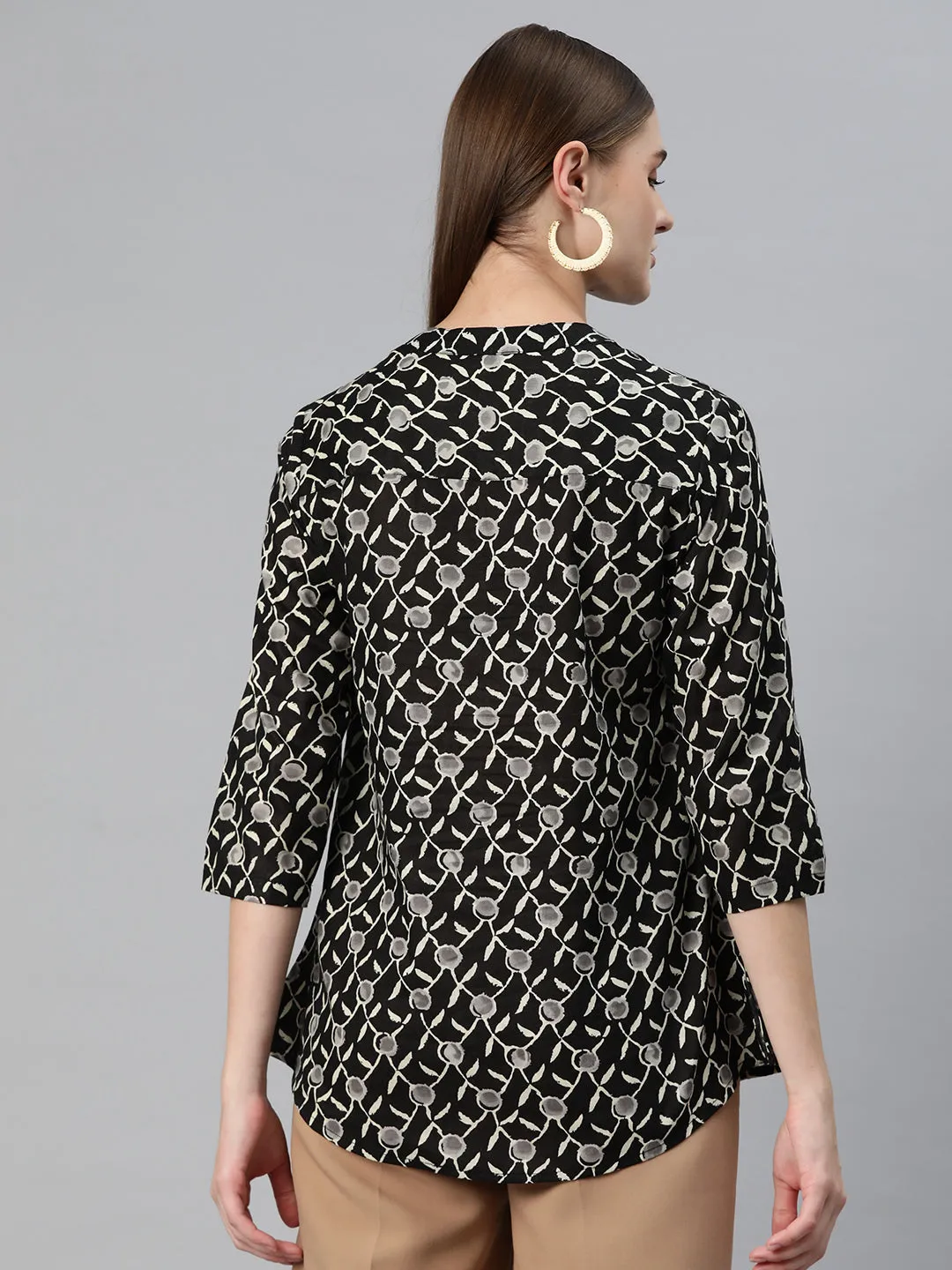 Cottinfab Women Print Mandarin Collar Cotton Shirt Style Longline Top