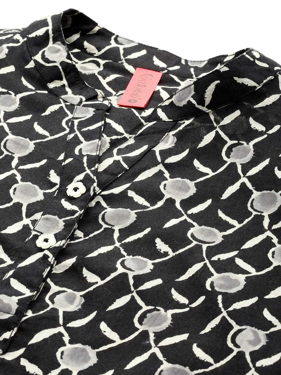 Cottinfab Women Print Mandarin Collar Cotton Shirt Style Longline Top