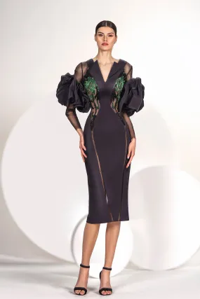 Crepe and Tulle Midi Dress with Sequins