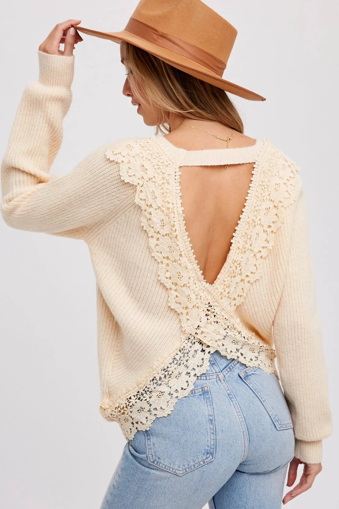 Crochet Lace Open Back Pullover