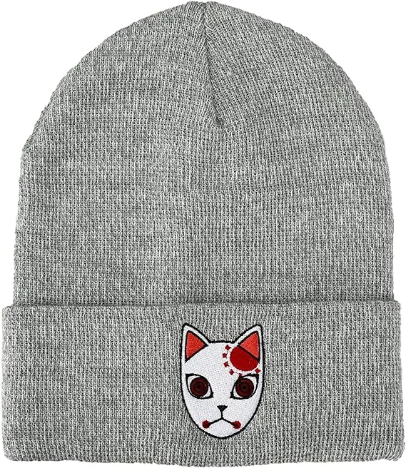 Demon Slayer Tanjiro Fox Mask Athletic Heather Skull Knitted Embroidered Cuffed Winter Beanie