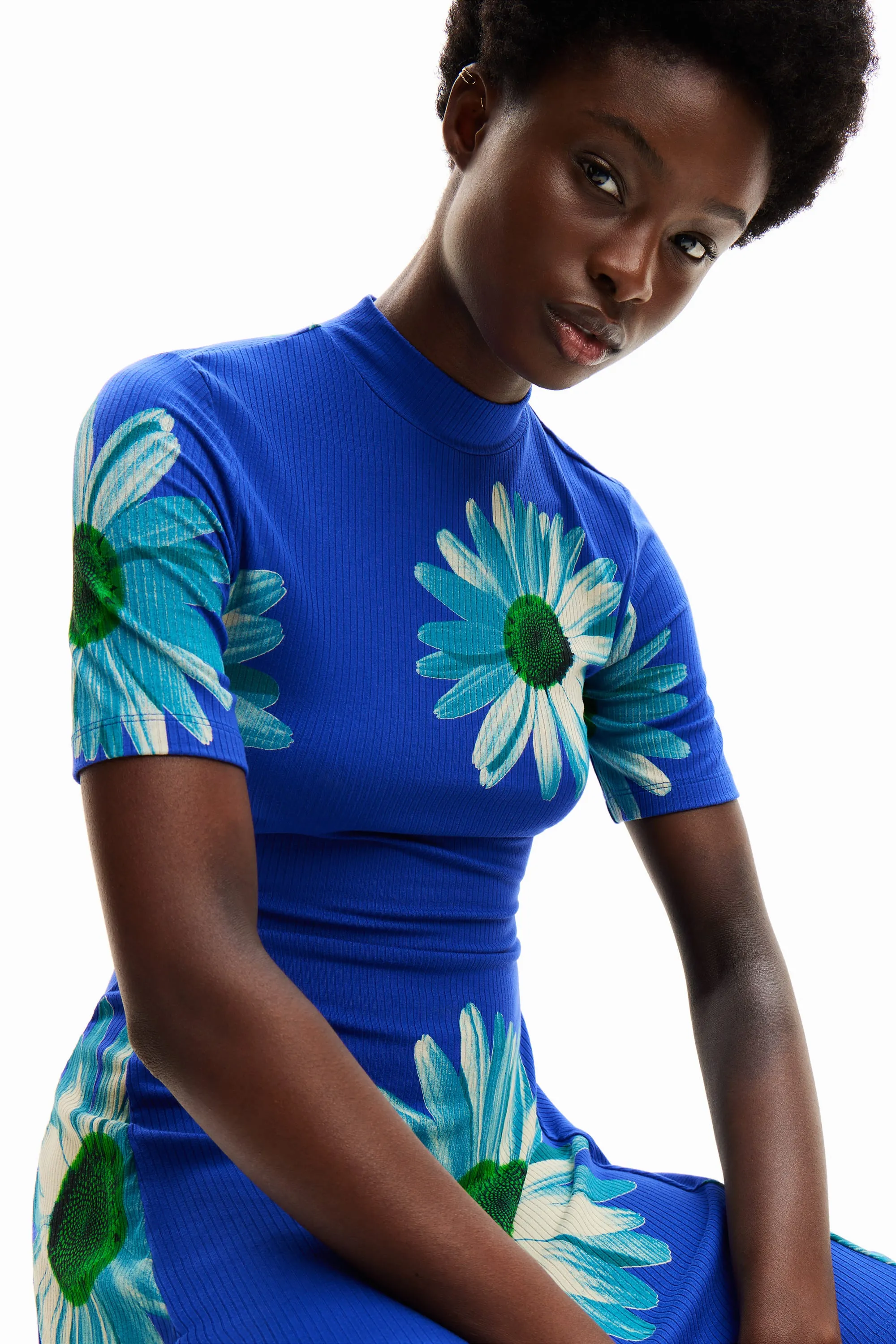 Desigual Margaritas Daisy Print Short Ribbed Daisy Dress 24SWVK70