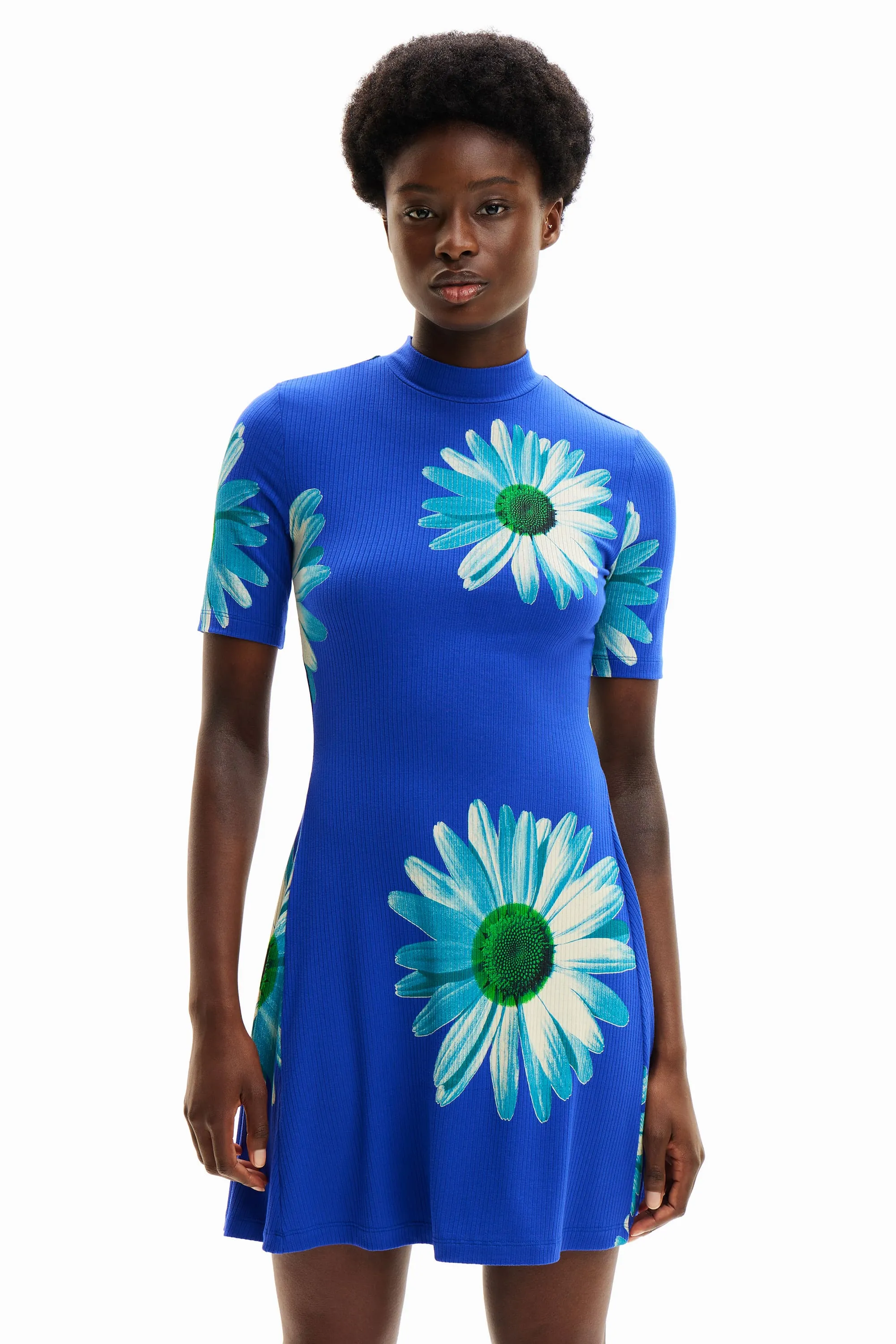 Desigual Margaritas Daisy Print Short Ribbed Daisy Dress 24SWVK70