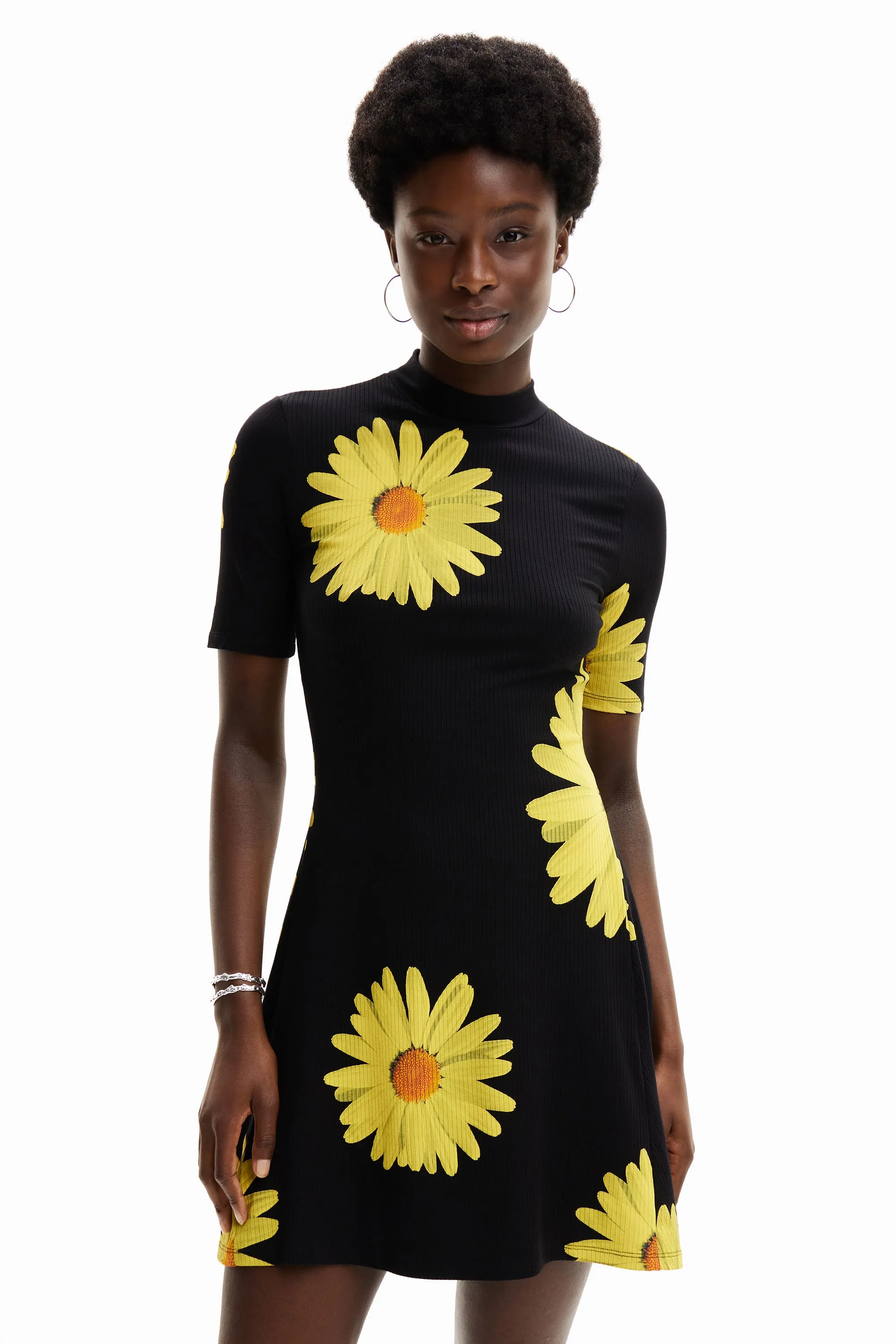 Desigual Margaritas Daisy Print Short Ribbed Daisy Dress 24SWVK70