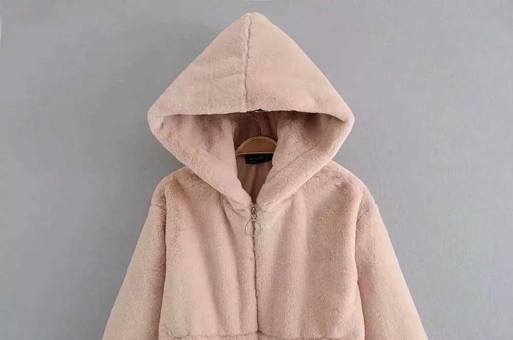 Faux Fur Pockets Solid Color Short Teddy Hooded Coat
