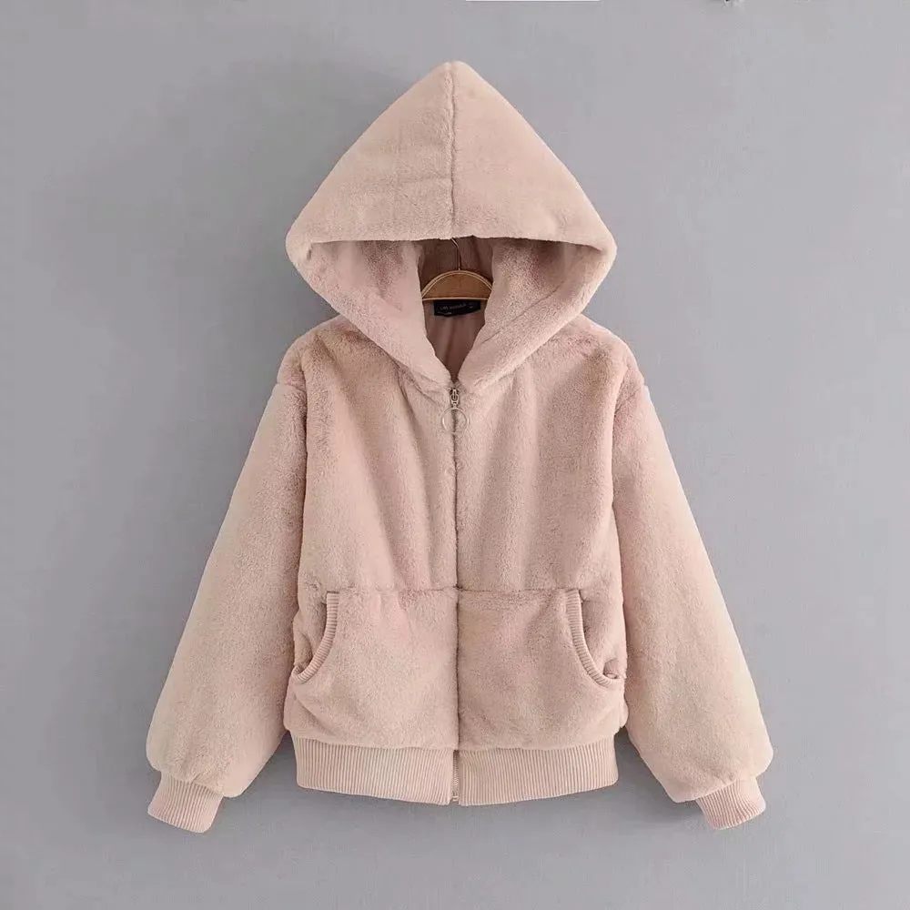 Faux Fur Pockets Solid Color Short Teddy Hooded Coat