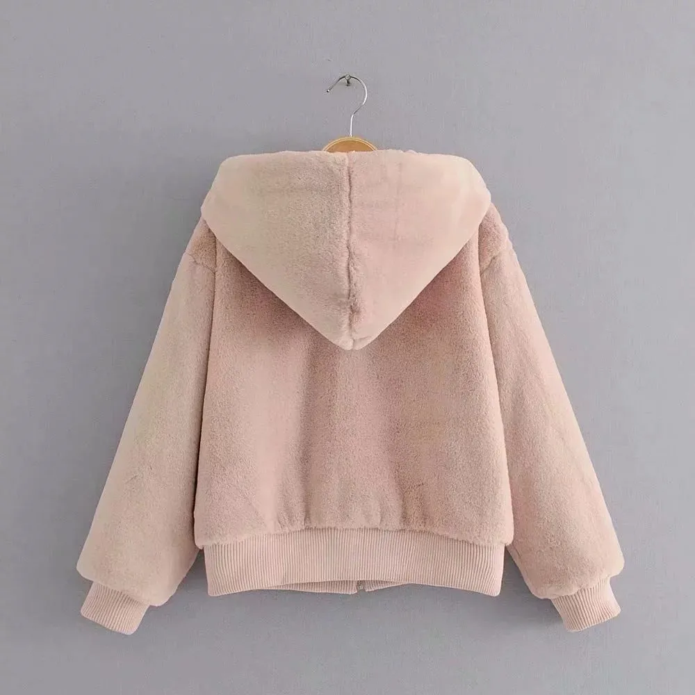 Faux Fur Pockets Solid Color Short Teddy Hooded Coat