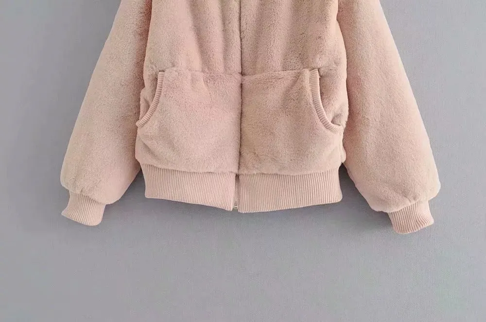 Faux Fur Pockets Solid Color Short Teddy Hooded Coat