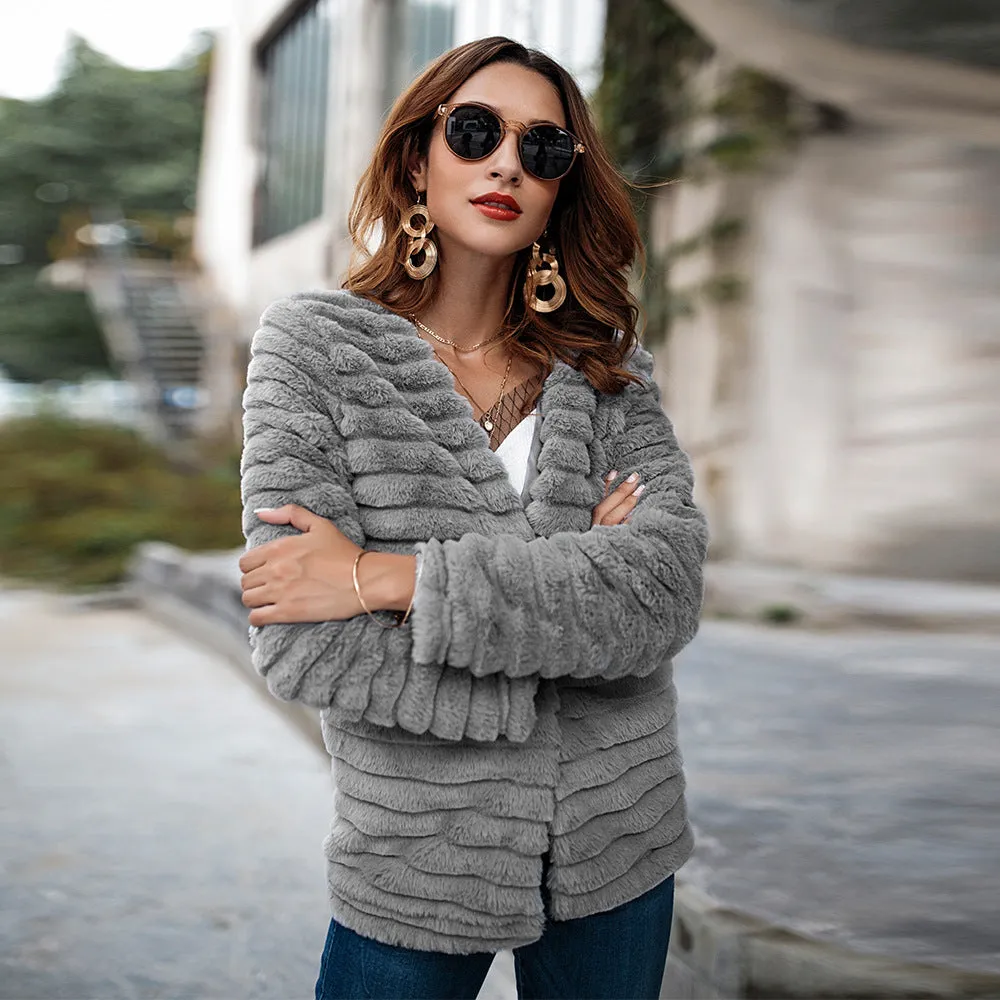 Faux Fur Stripe Solid Color Women Teddy Coat