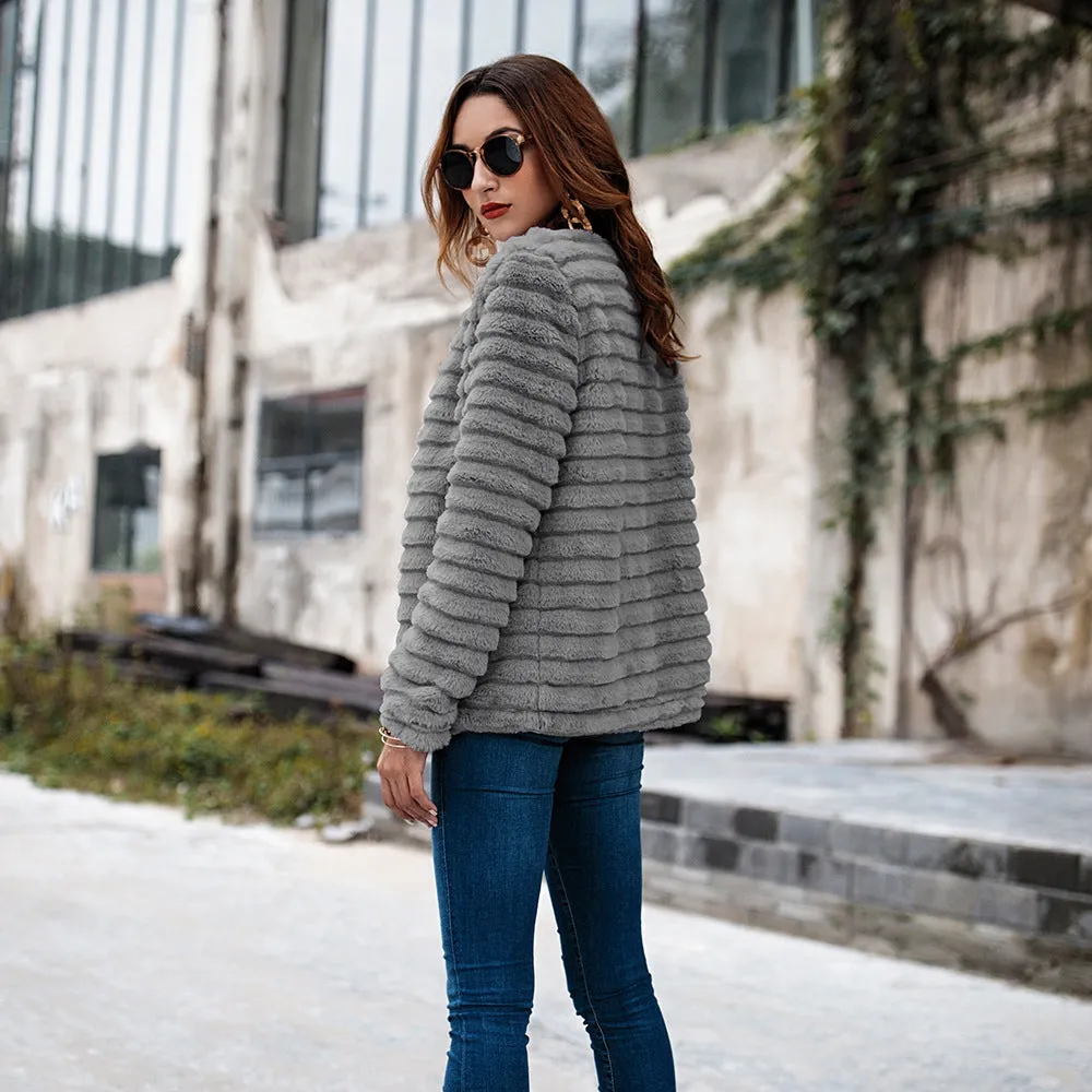 Faux Fur Stripe Solid Color Women Teddy Coat