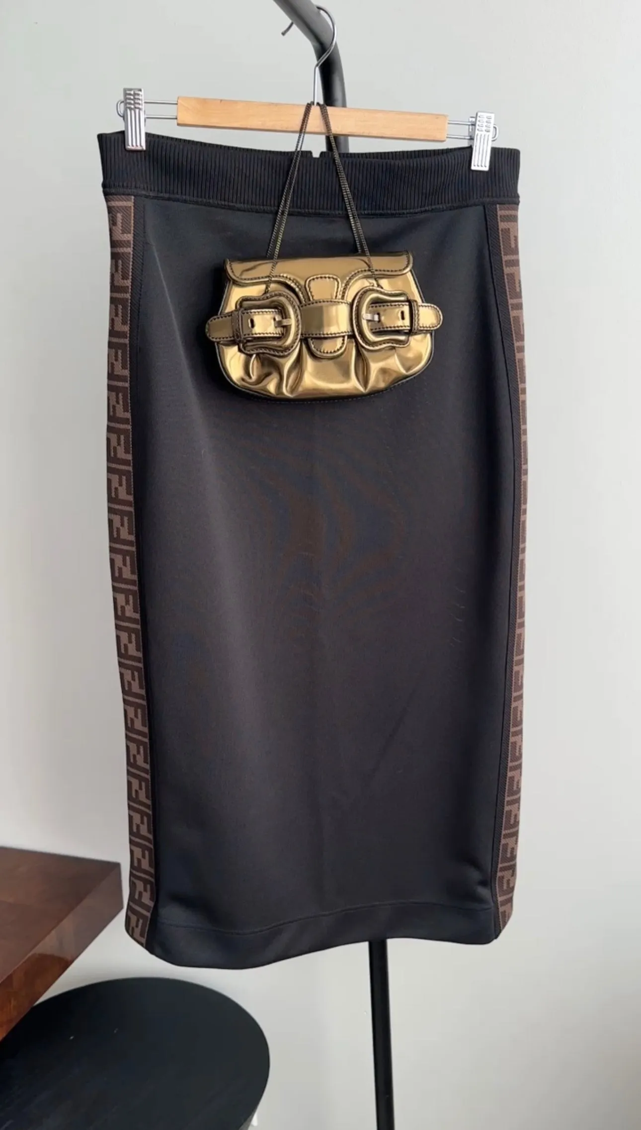 Fendi Black Jersey Zucca Logo Sides Midi Skirt - IT44 / 8 / M