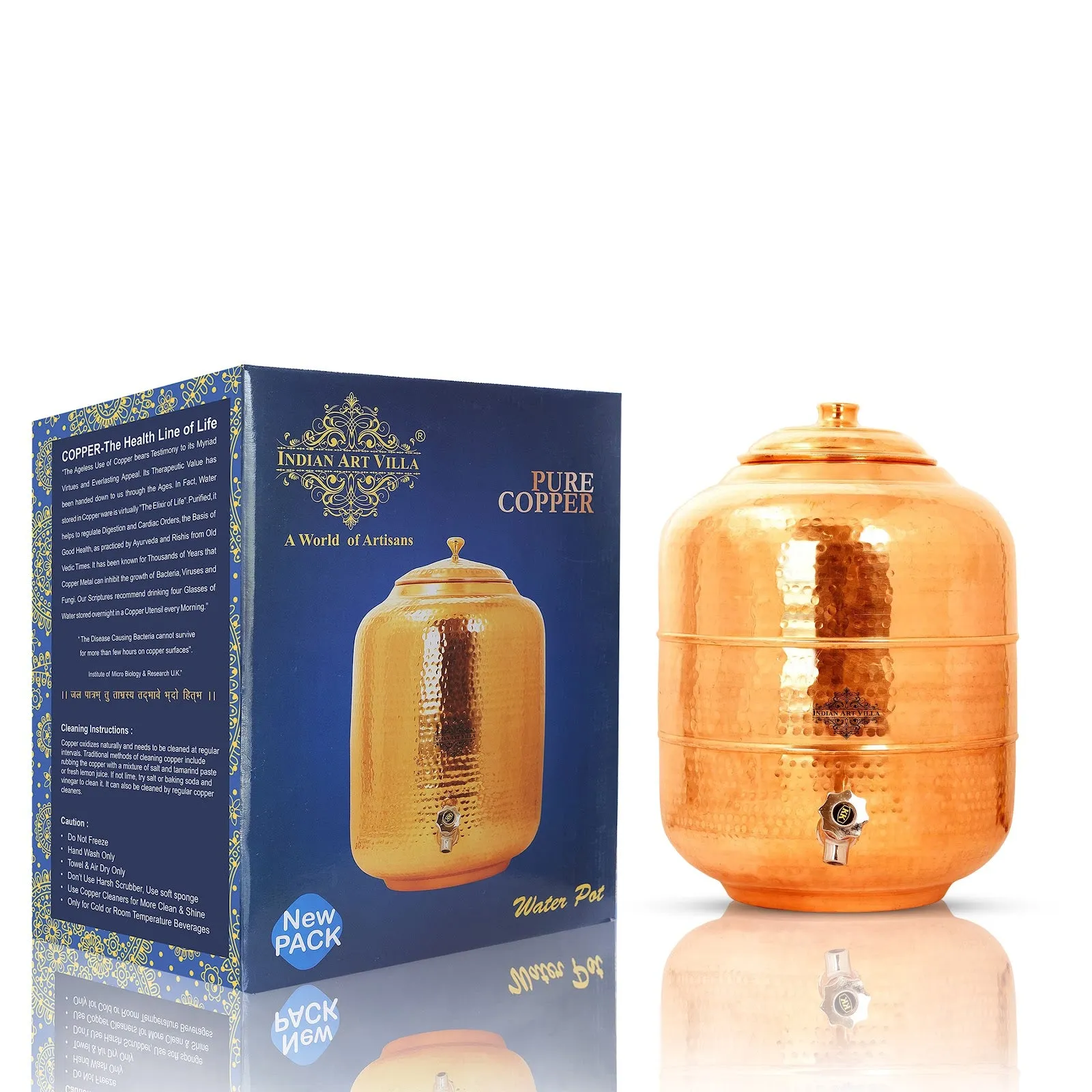 Indian Art Villa Handmade Pure Copper Water Pot Tank Dispenser | Storage, Drinkware