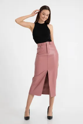 KKT Faux Leather Tight Fit Slit Midi Skirt - Light Pink - Estepona