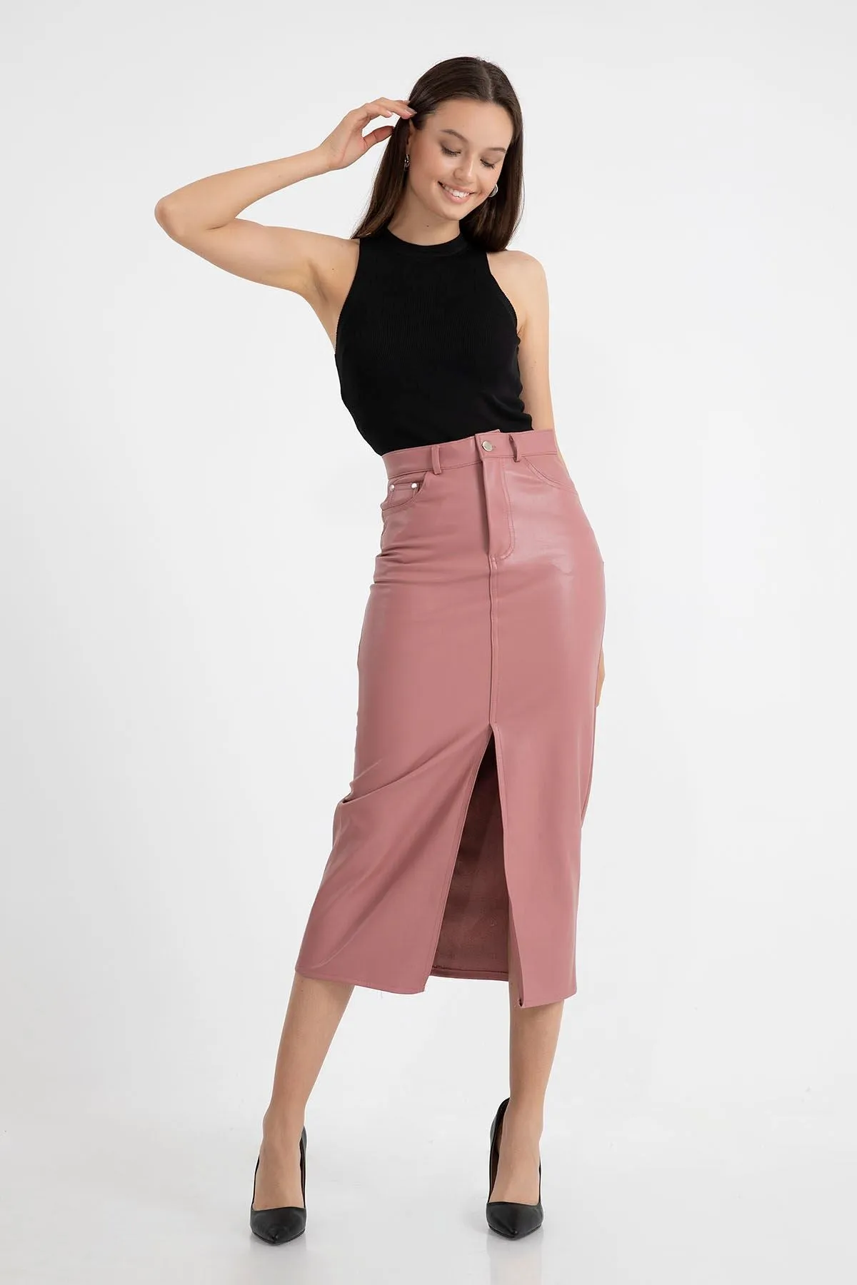 KKT Faux Leather Tight Fit Slit Midi Skirt - Light Pink - Estepona