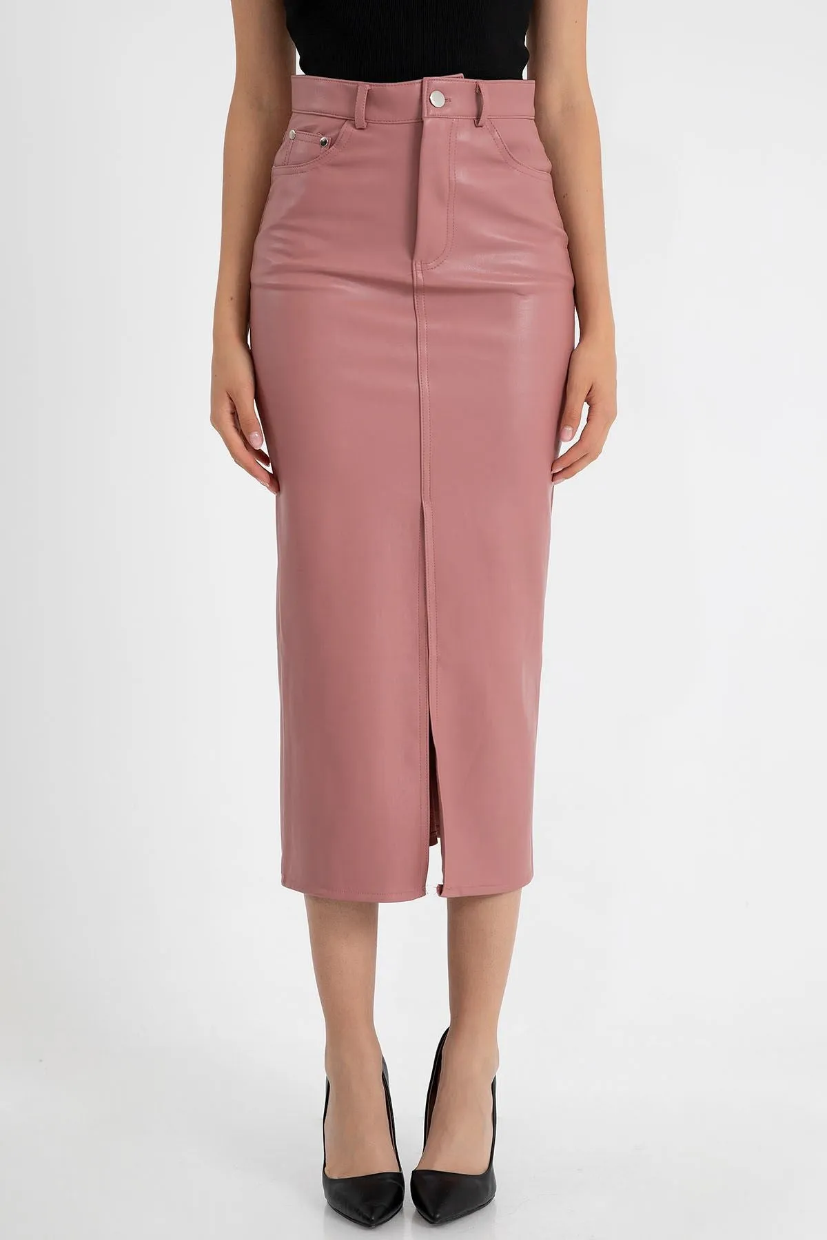 KKT Faux Leather Tight Fit Slit Midi Skirt - Light Pink - Estepona