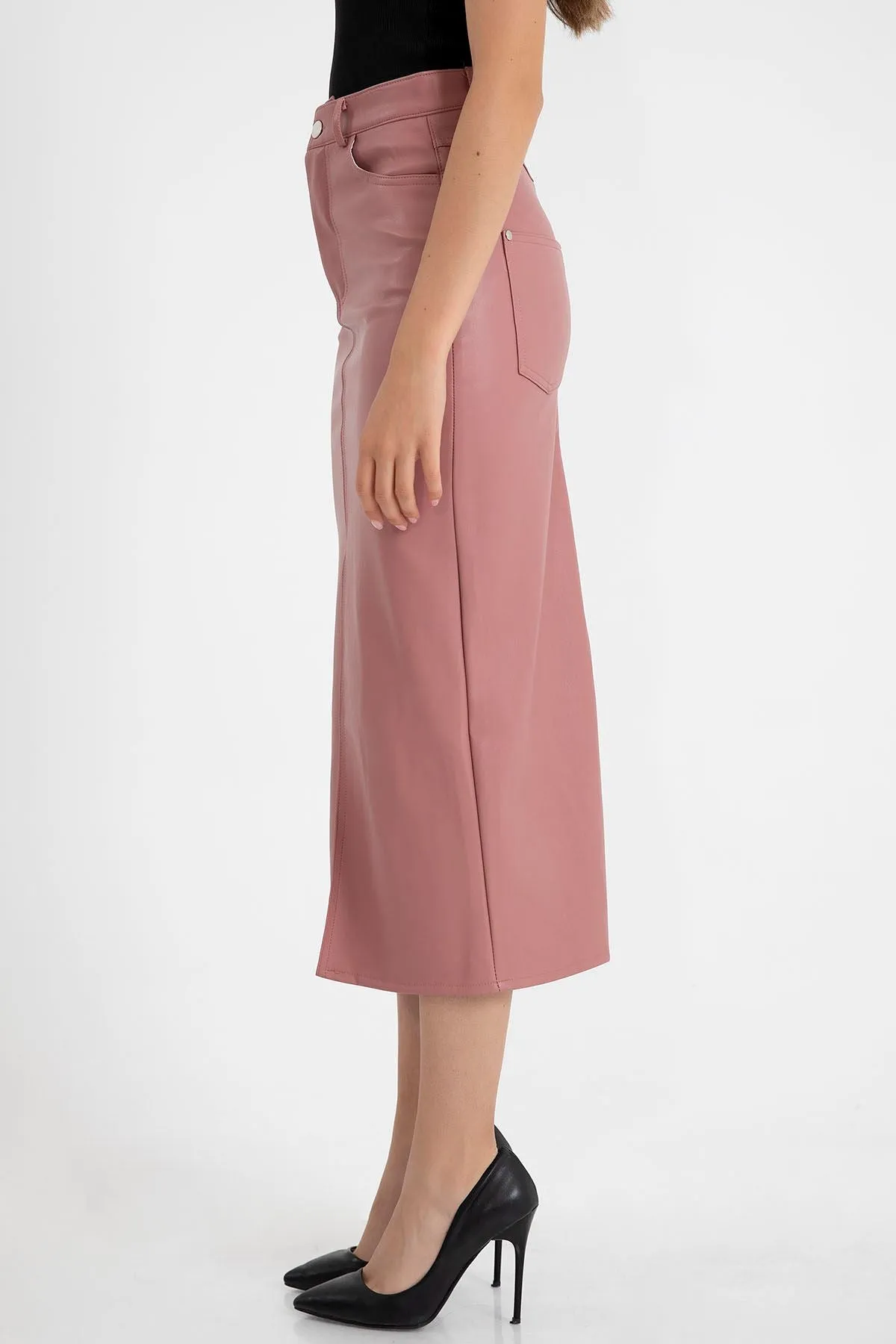 KKT Faux Leather Tight Fit Slit Midi Skirt - Light Pink - Estepona