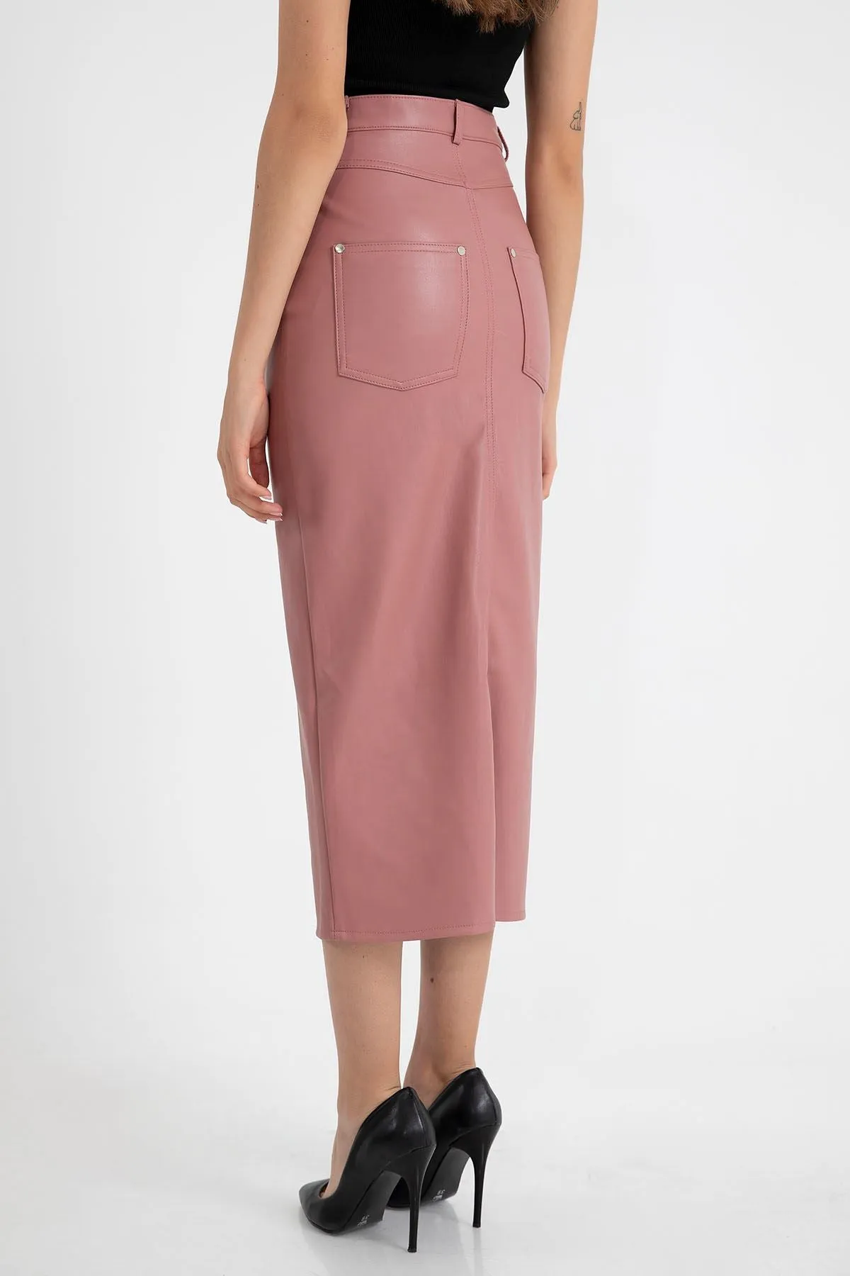 KKT Faux Leather Tight Fit Slit Midi Skirt - Light Pink - Estepona