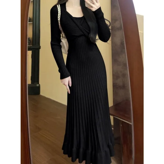 Long Sleeve Round Neck Plain Ruffle Mock Two Piece Twist Knit Midi A-Line Dress