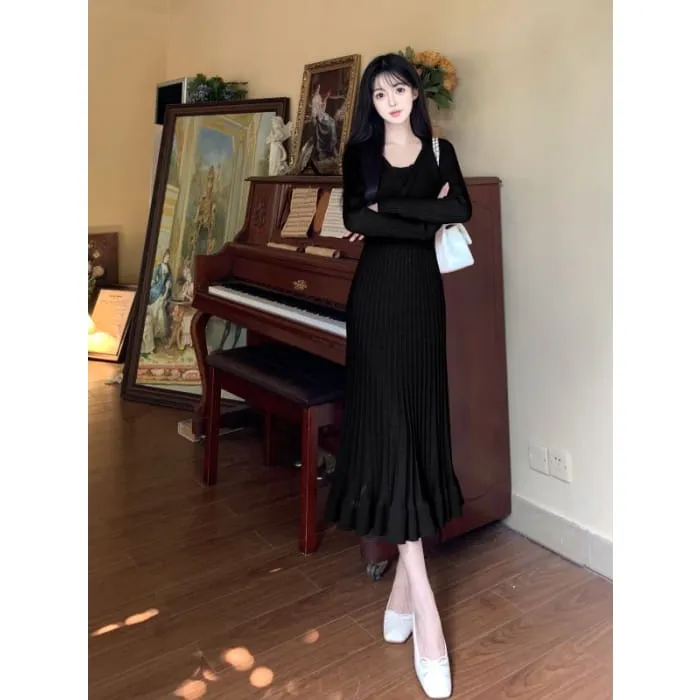 Long Sleeve Round Neck Plain Ruffle Mock Two Piece Twist Knit Midi A-Line Dress