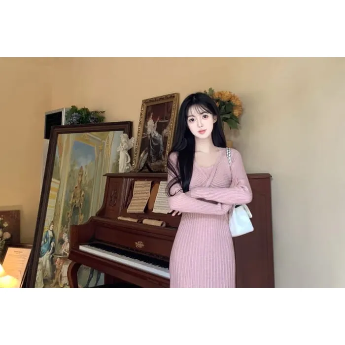Long Sleeve Round Neck Plain Ruffle Mock Two Piece Twist Knit Midi A-Line Dress