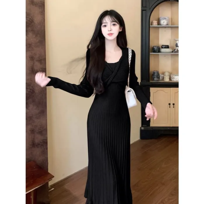 Long Sleeve Round Neck Plain Ruffle Mock Two Piece Twist Knit Midi A-Line Dress
