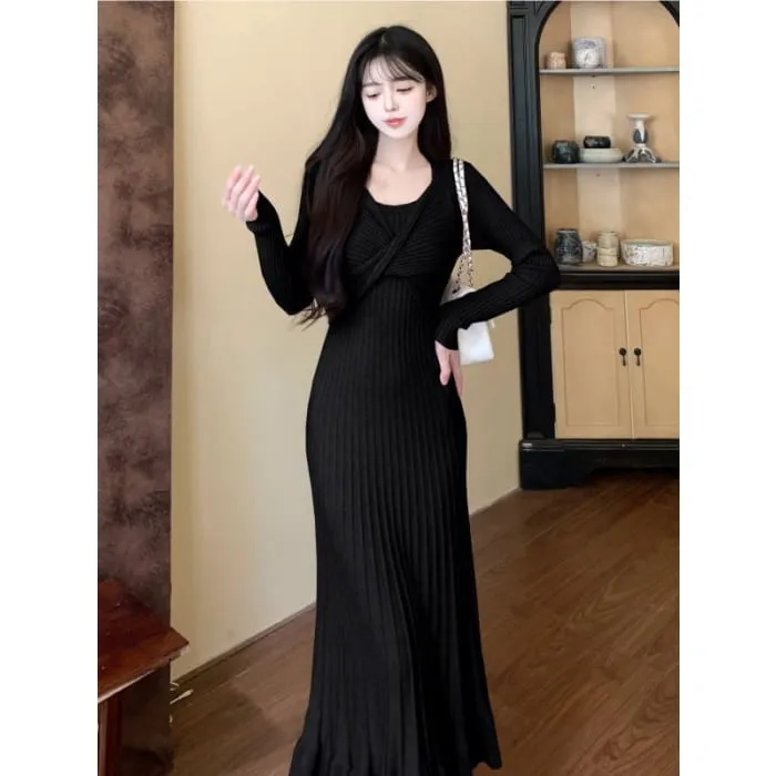 Long Sleeve Round Neck Plain Ruffle Mock Two Piece Twist Knit Midi A-Line Dress