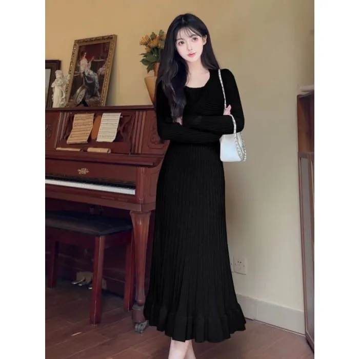Long Sleeve Round Neck Plain Ruffle Mock Two Piece Twist Knit Midi A-Line Dress